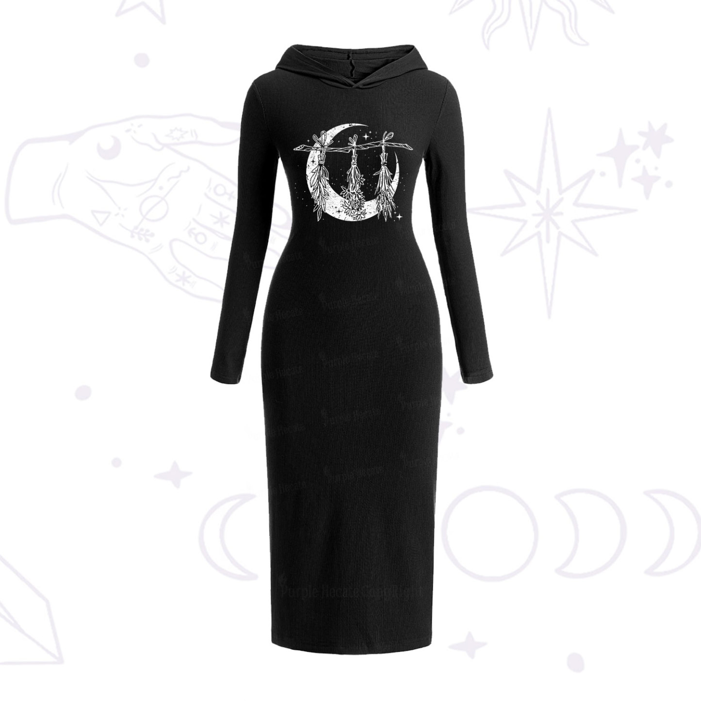 Purplehecate Witchy Moon Herbs Hooded Knit Dress