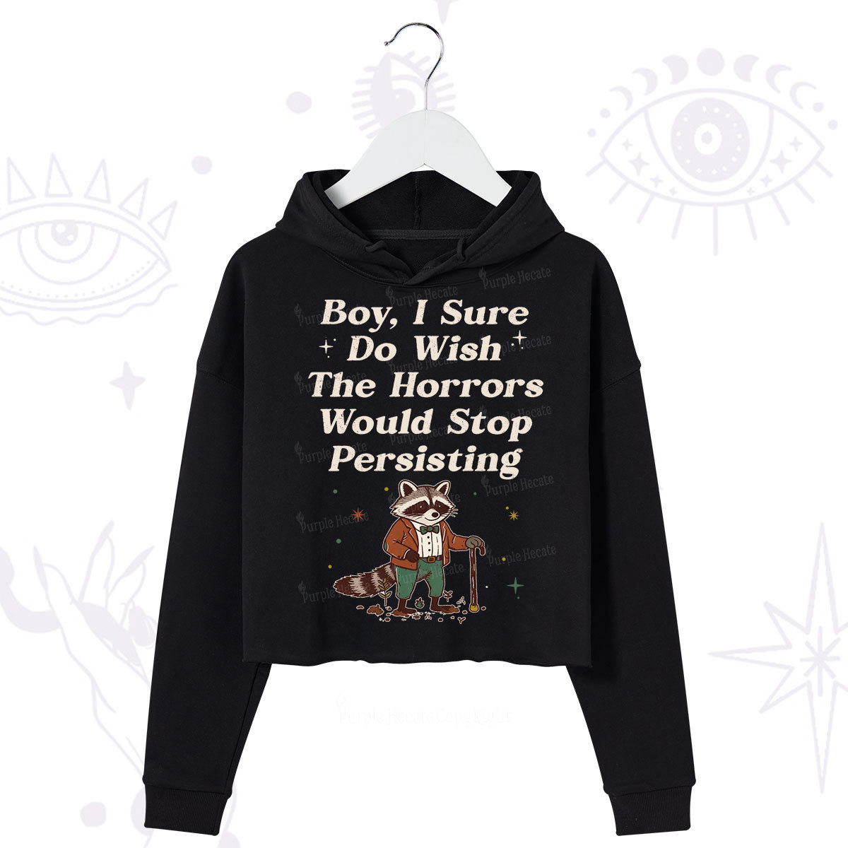 Purplehecate Raccoon Boy I Sure Do Wish The Horrors Would Stop Persisting Crop Hoodie