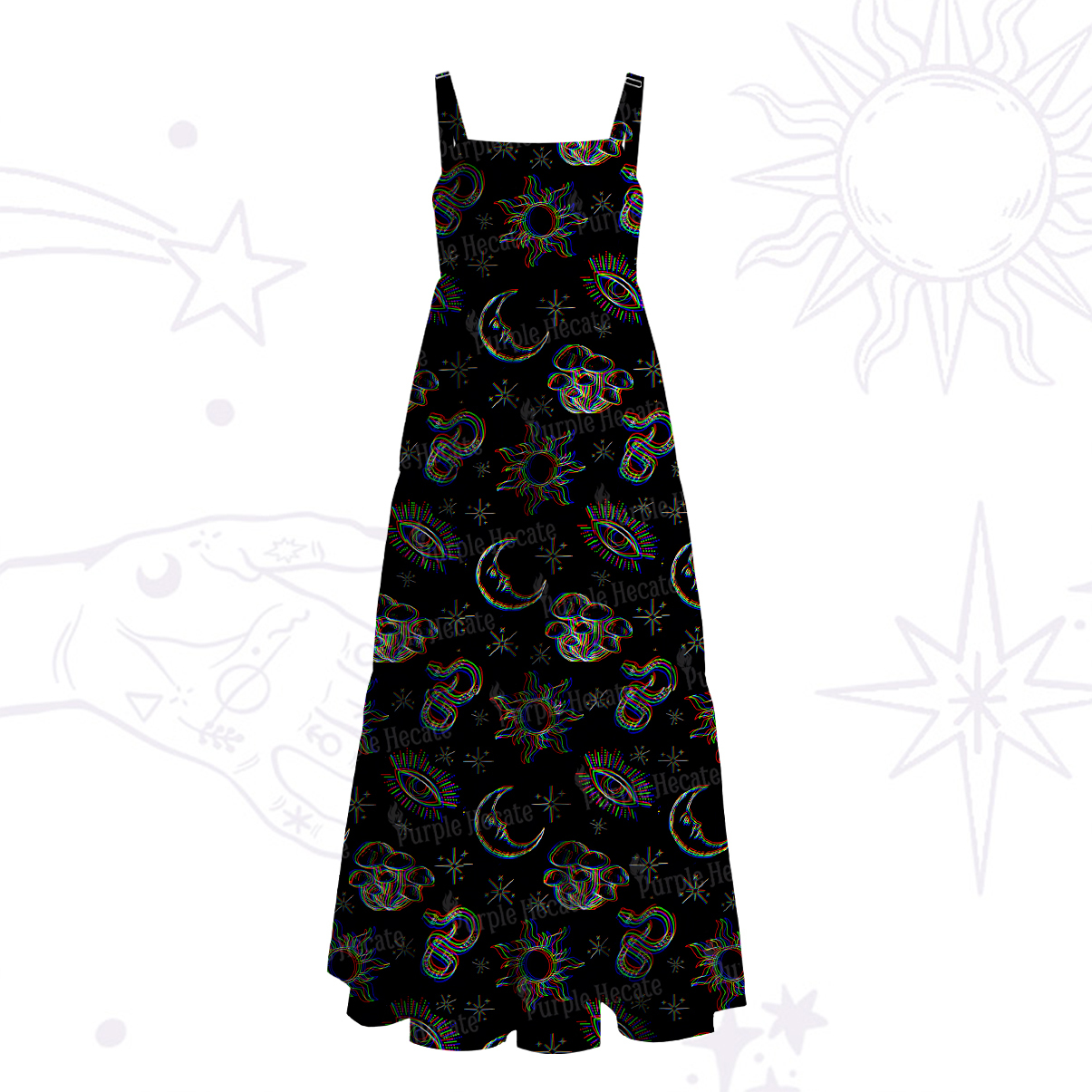 Purplehecate Celestial Night of Stars & Hearts Wide Straps Maxi Dress