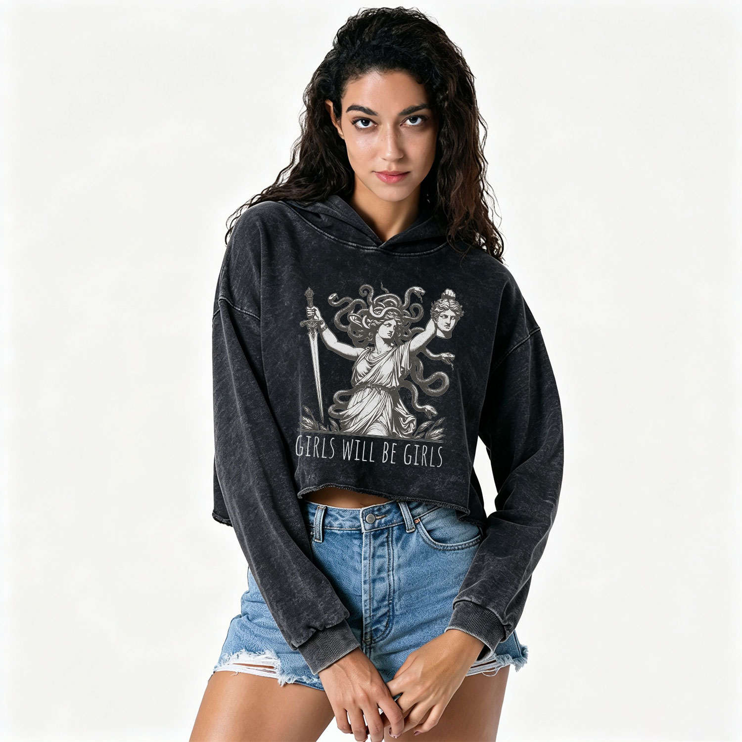 Purplehecate Girls Will Be Girls Medusa Washed Cropped Hoodie