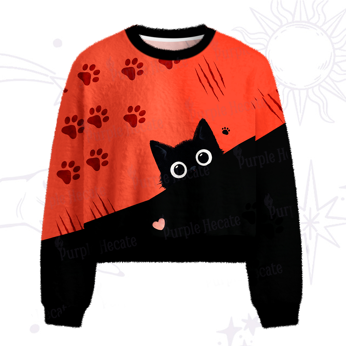 Purplehecate Peekaboo Black Cat Paw Fuzzy Crewneck Sweater