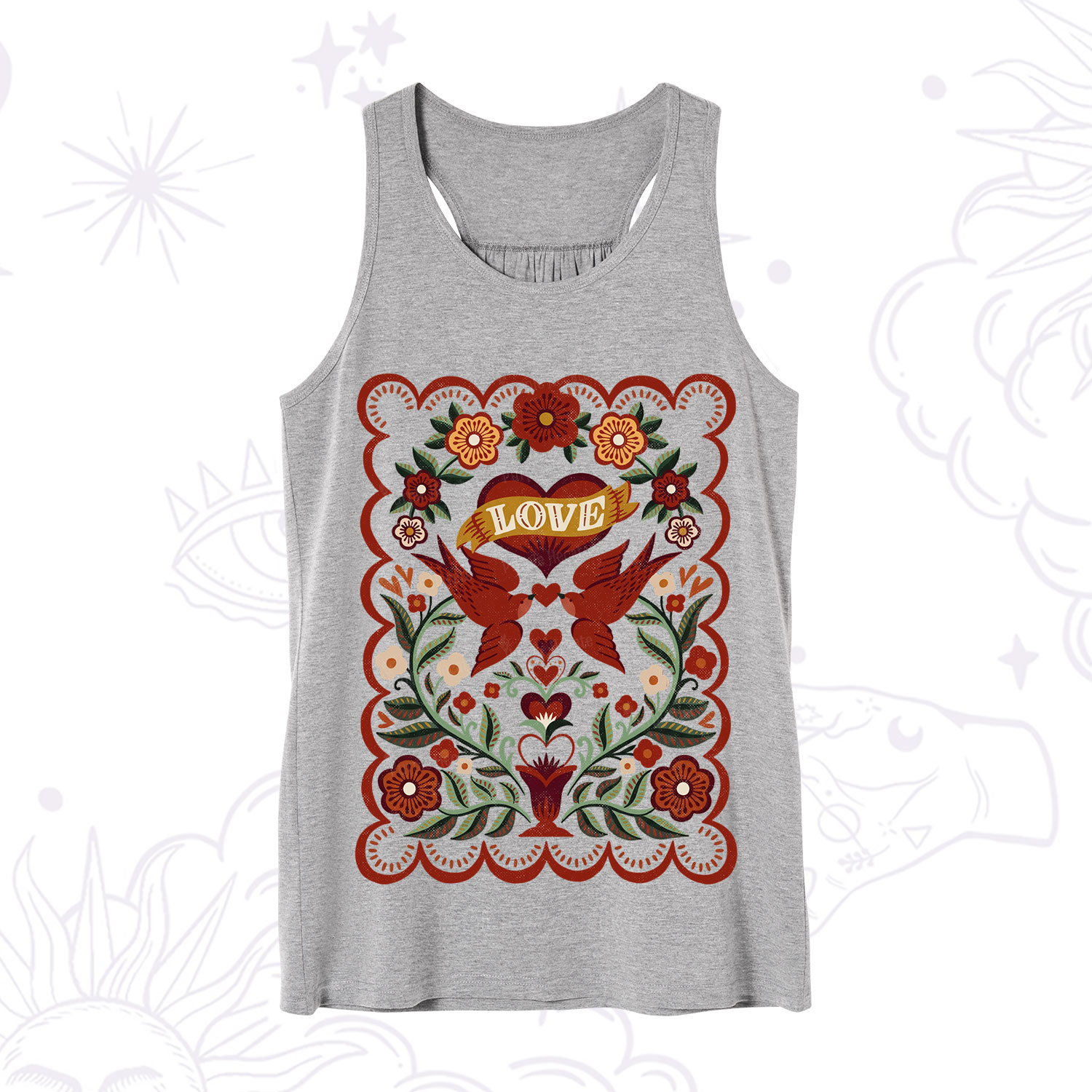 Purplehecate Folk Love Birds Floral Tank
