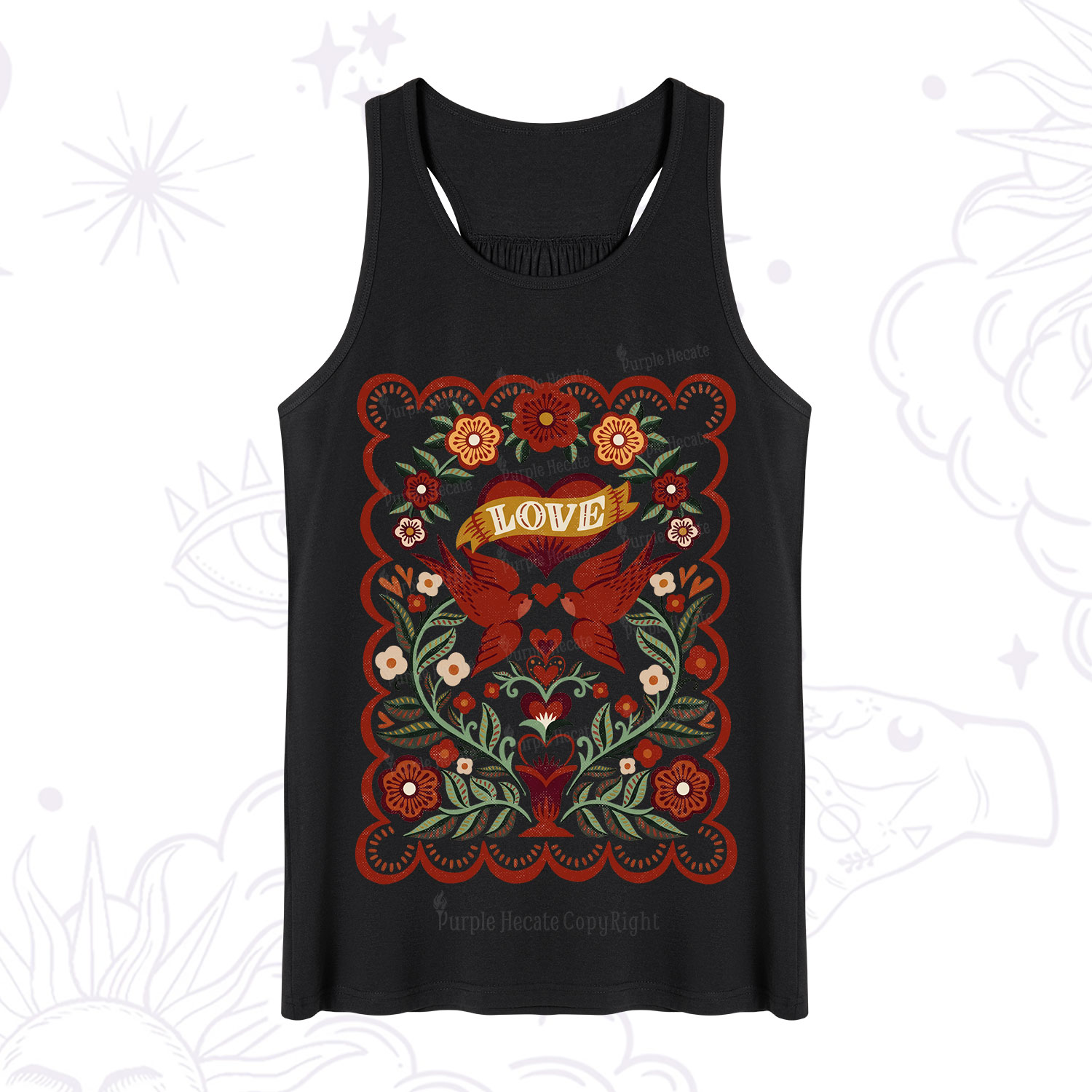 Purplehecate Folk Love Birds Floral Tank