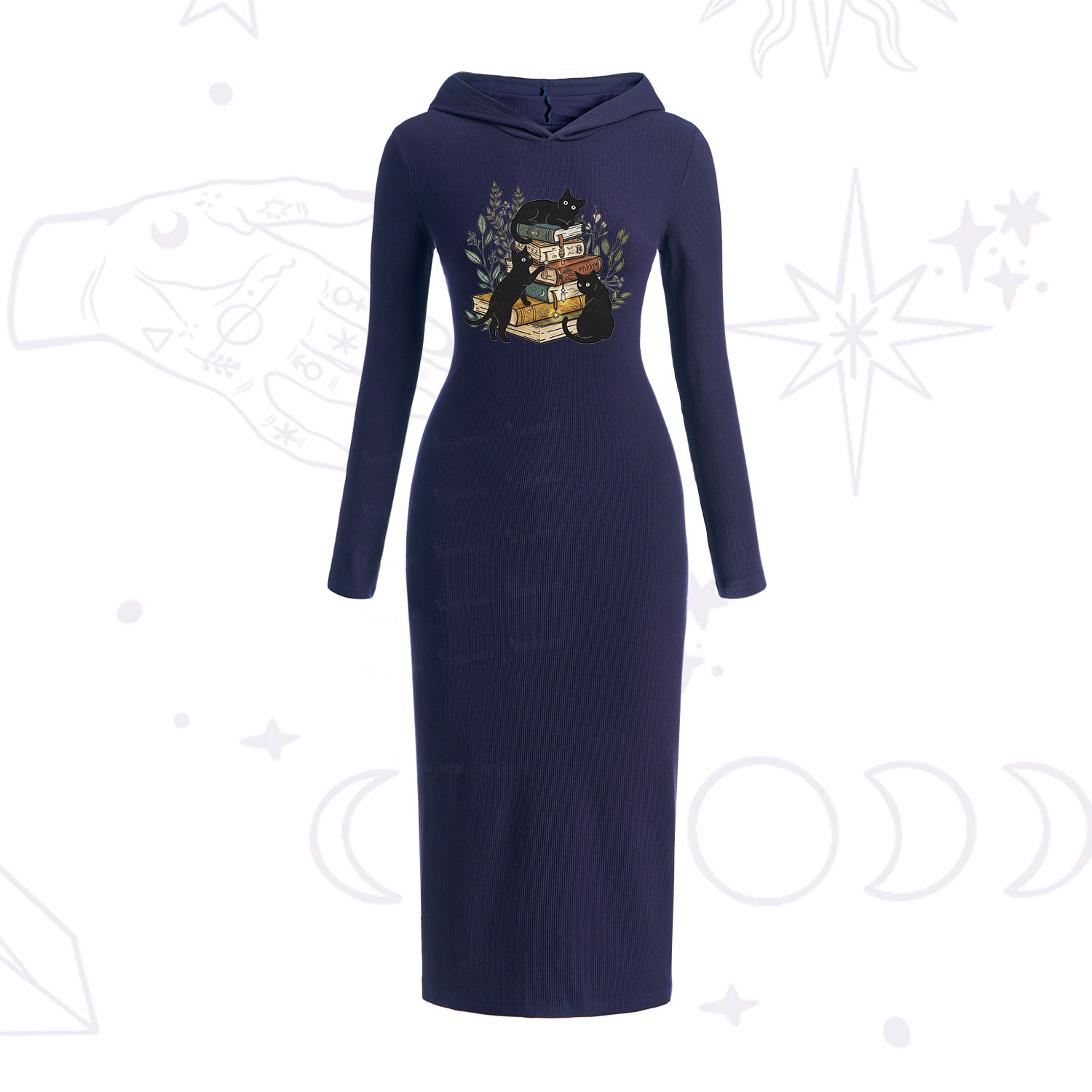 Purplehecate Enchanted Library Three Black Cats Hooded Knit Dress