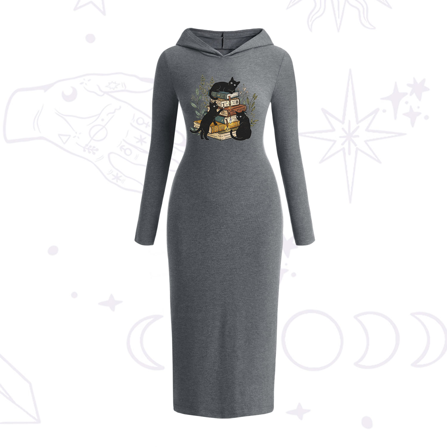 Purplehecate Enchanted Library Three Black Cats Hooded Knit Dress