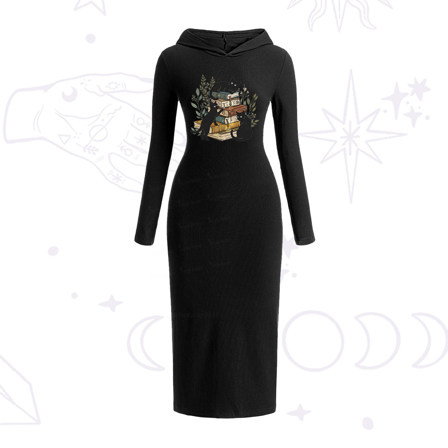 Purplehecate Enchanted Library Three Black Cats Hooded Knit Dress
