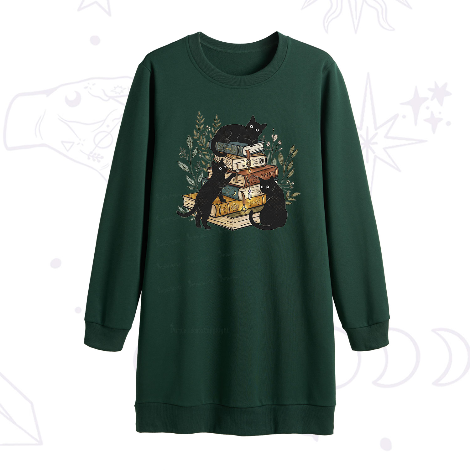 Purplehecate Enchanted Library Three Black Cats Sweatshirt Dress