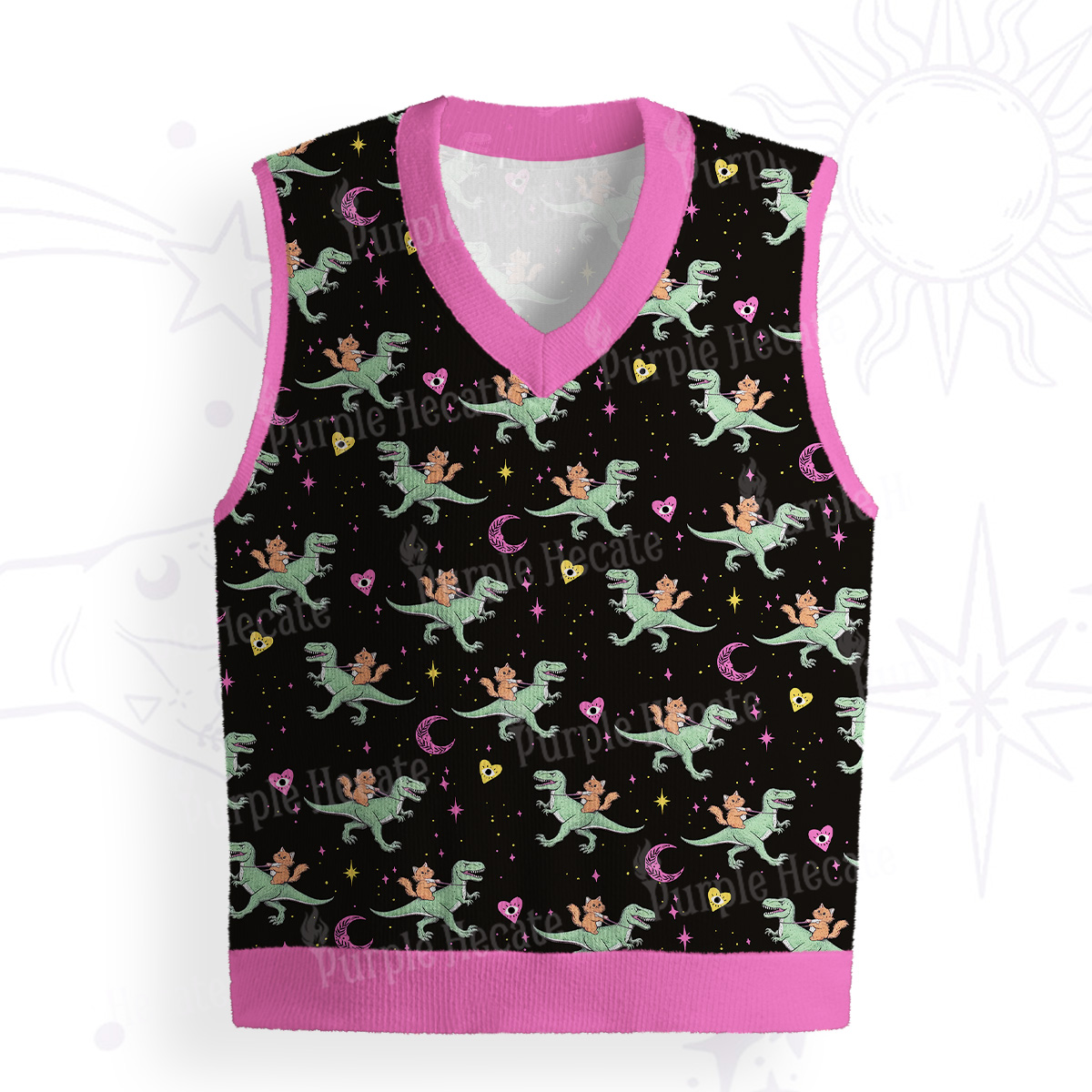 Purplehecate Witch Cat Rides the Dino Ugly Sweater Vest