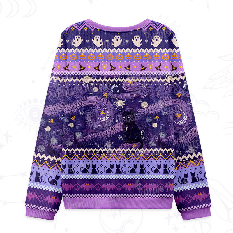 Purplehecate Mystic Cat Beneath the Cosmic Veil Ugly Halloween Sweatshirts