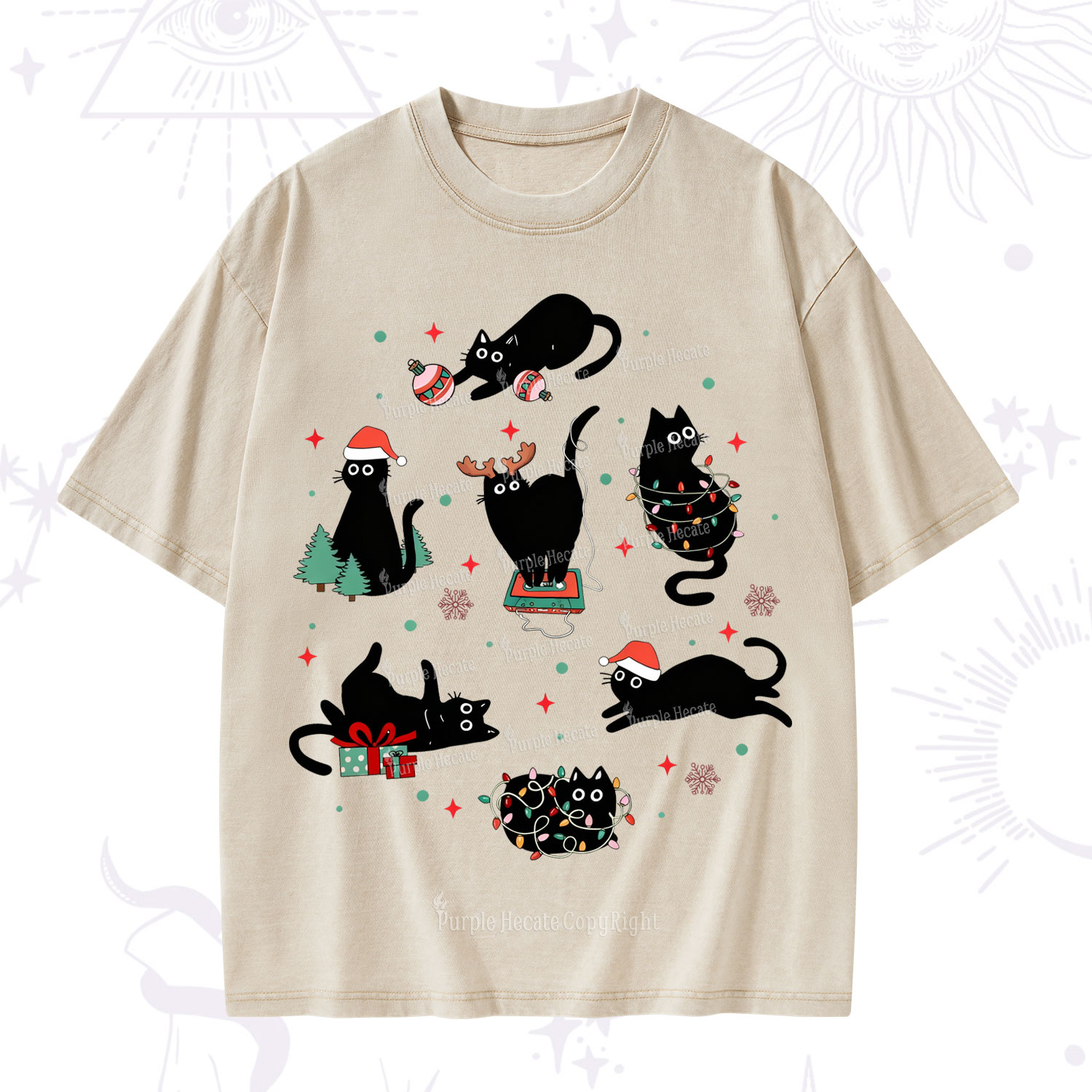 Purplehecate Christmas Cat Mom Holiday Washed T-Shirt