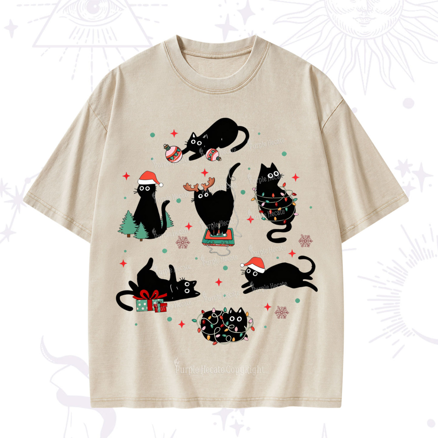 Magic Purplehecate Christmas Cat Mom Holiday Washed T-Shirt