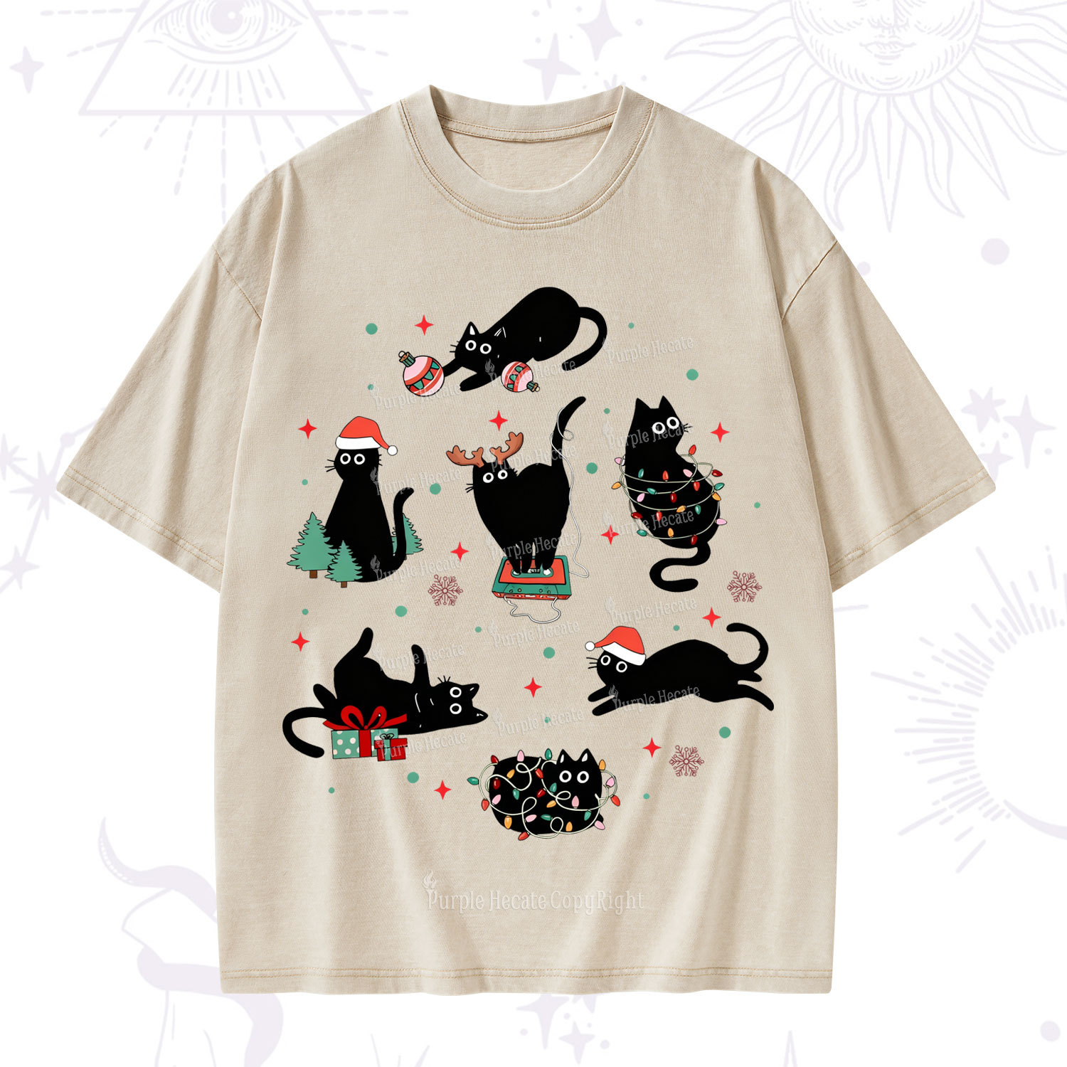 Magic Purplehecate Christmas Cat Mom Holiday Washed T-Shirt
