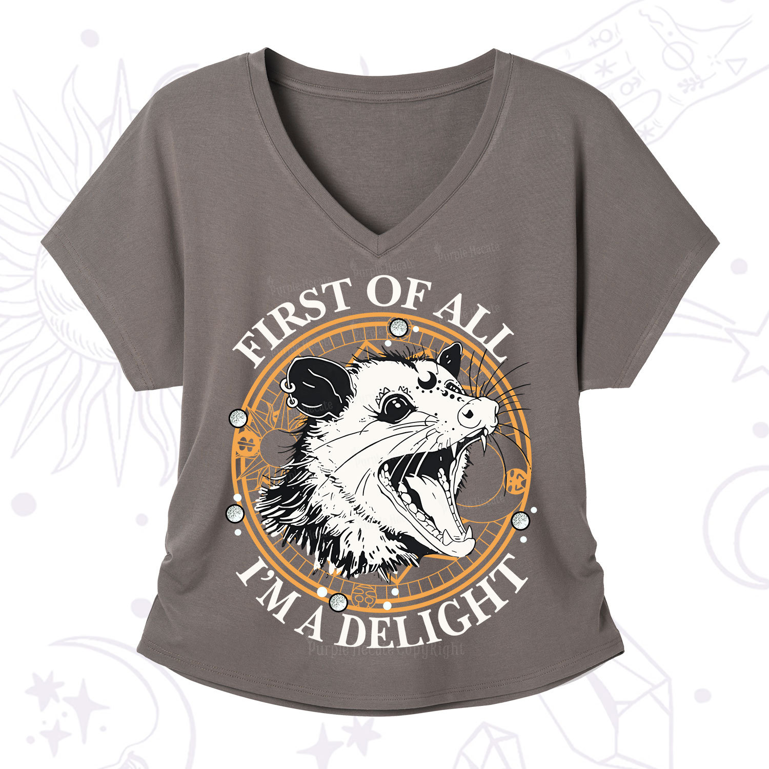 Purplehecate First Of All I Am A Delightful Angry Opossum V-Neck T-Shirt