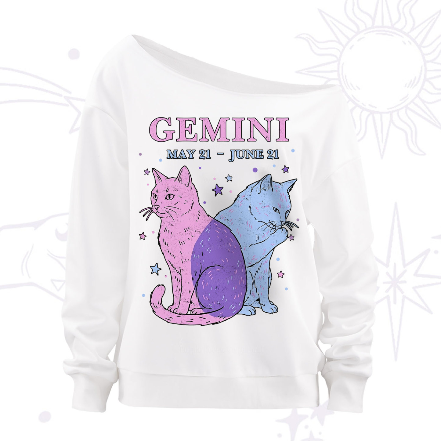 Purplehecate Gemini Zodiac Cats Off The Shoulder Sweatshirt