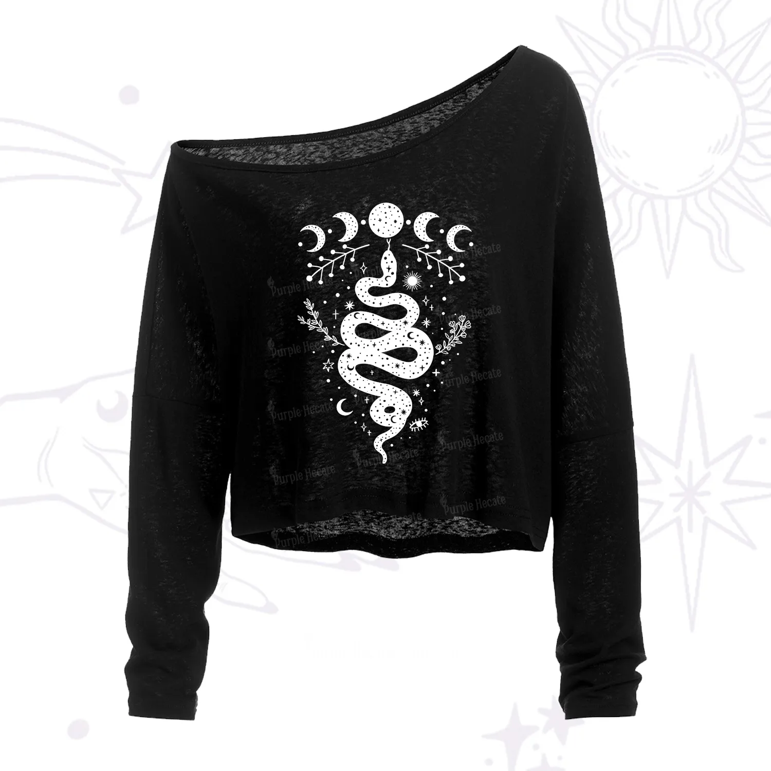 Purplehecate Snake And Moon Phase Comfort One Shoulder Crop Shirt