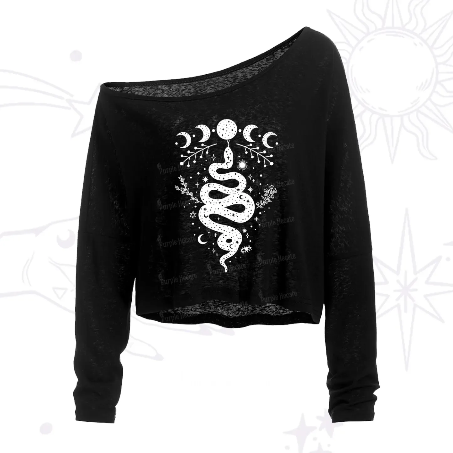 Purplehecate Snake And Moon Phase Comfort One Shoulder Crop Shirt