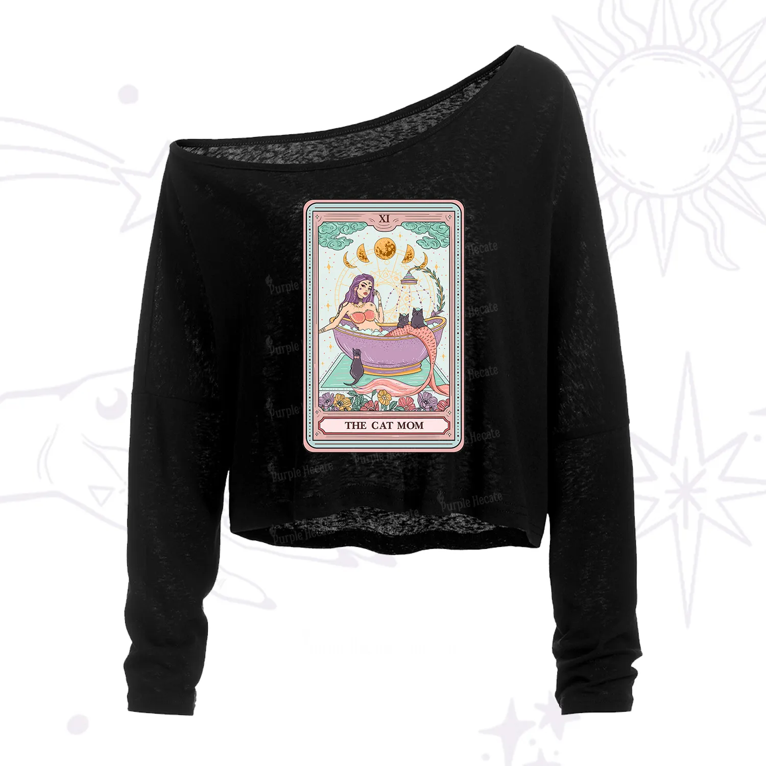 Purplehecate The Cat Mermaid Mom Tarot Card One Shoulder Crop Shirt