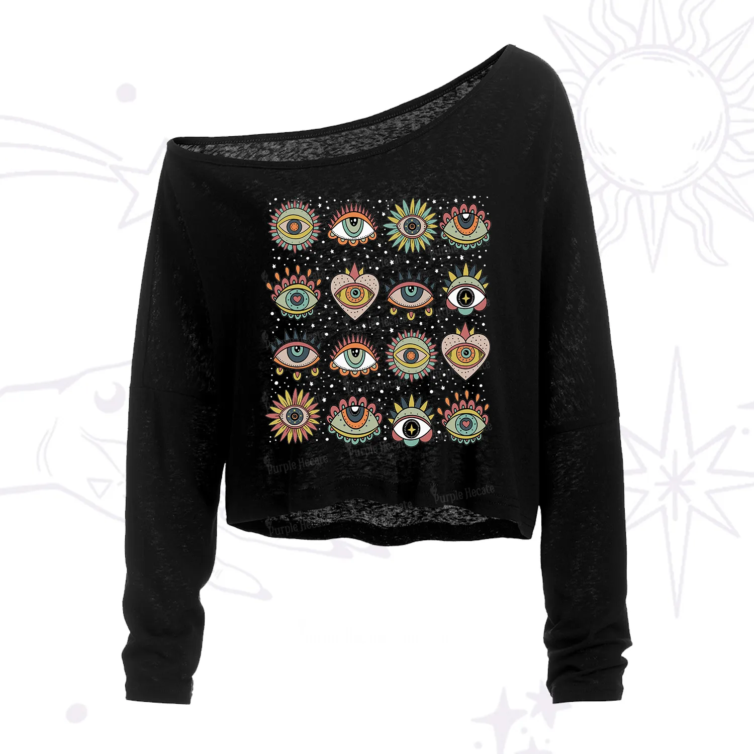 Purplehecate Mystical Evil Eye Pattern One Shoulder Crop Shirt