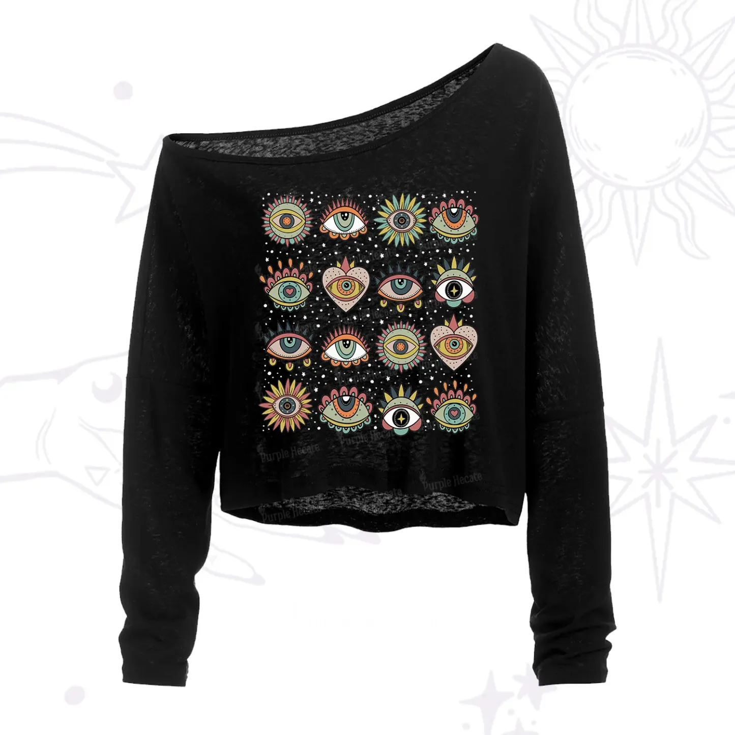 Purplehecate Mystical Evil Eye Pattern One Shoulder Crop Shirt
