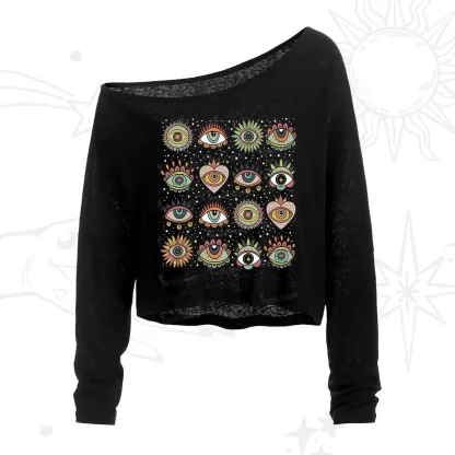 Purplehecate Mystical Evil Eye Pattern One Shoulder Crop Shirt