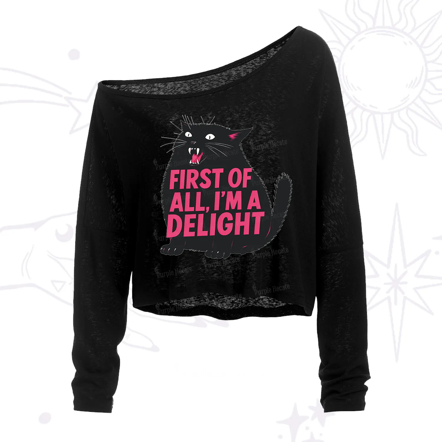 Purplehecate First Of All I'm A Delight Cat One Shoulder Crop Shirt