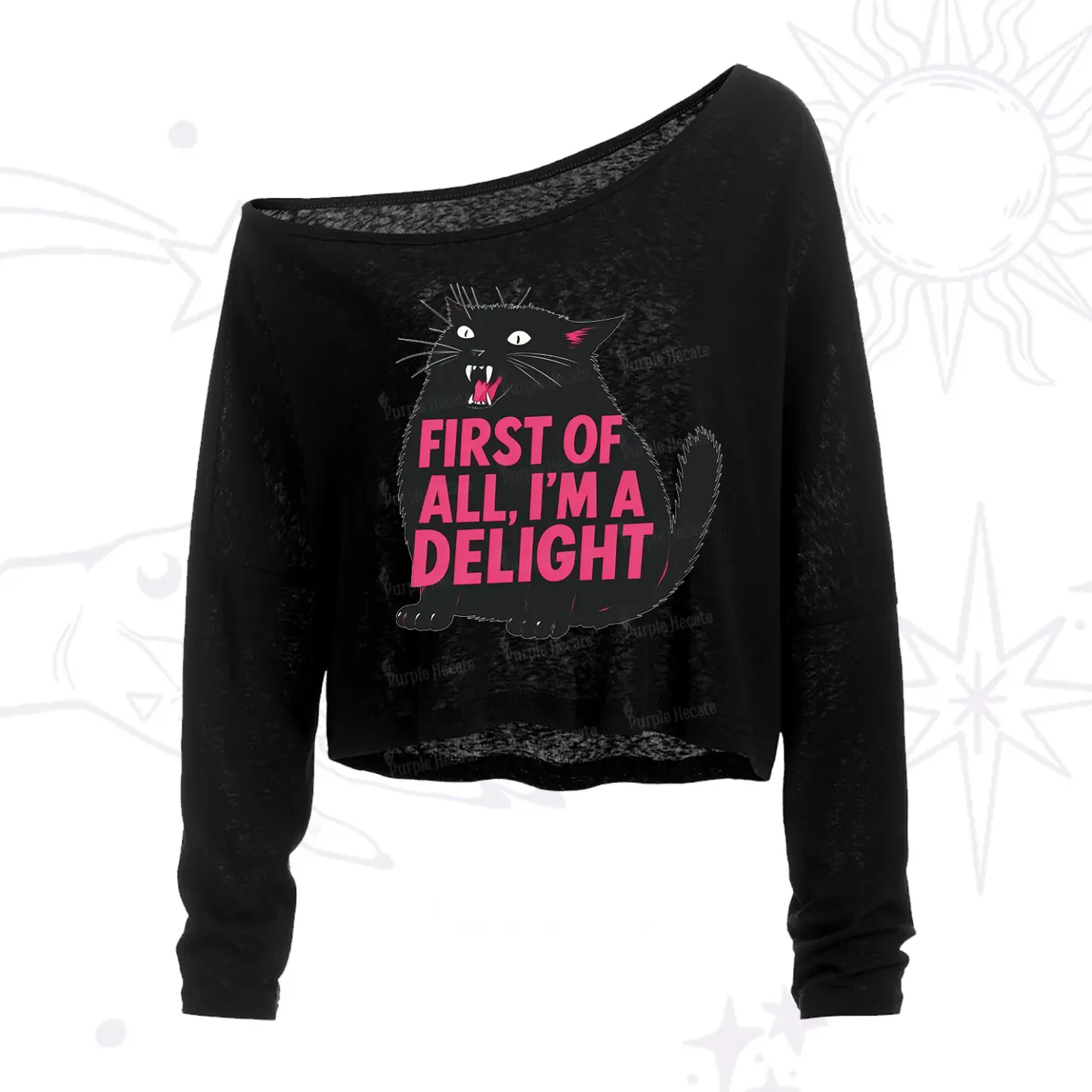 Purplehecate First Of All I'm A Delight Cat One Shoulder Crop Shirt