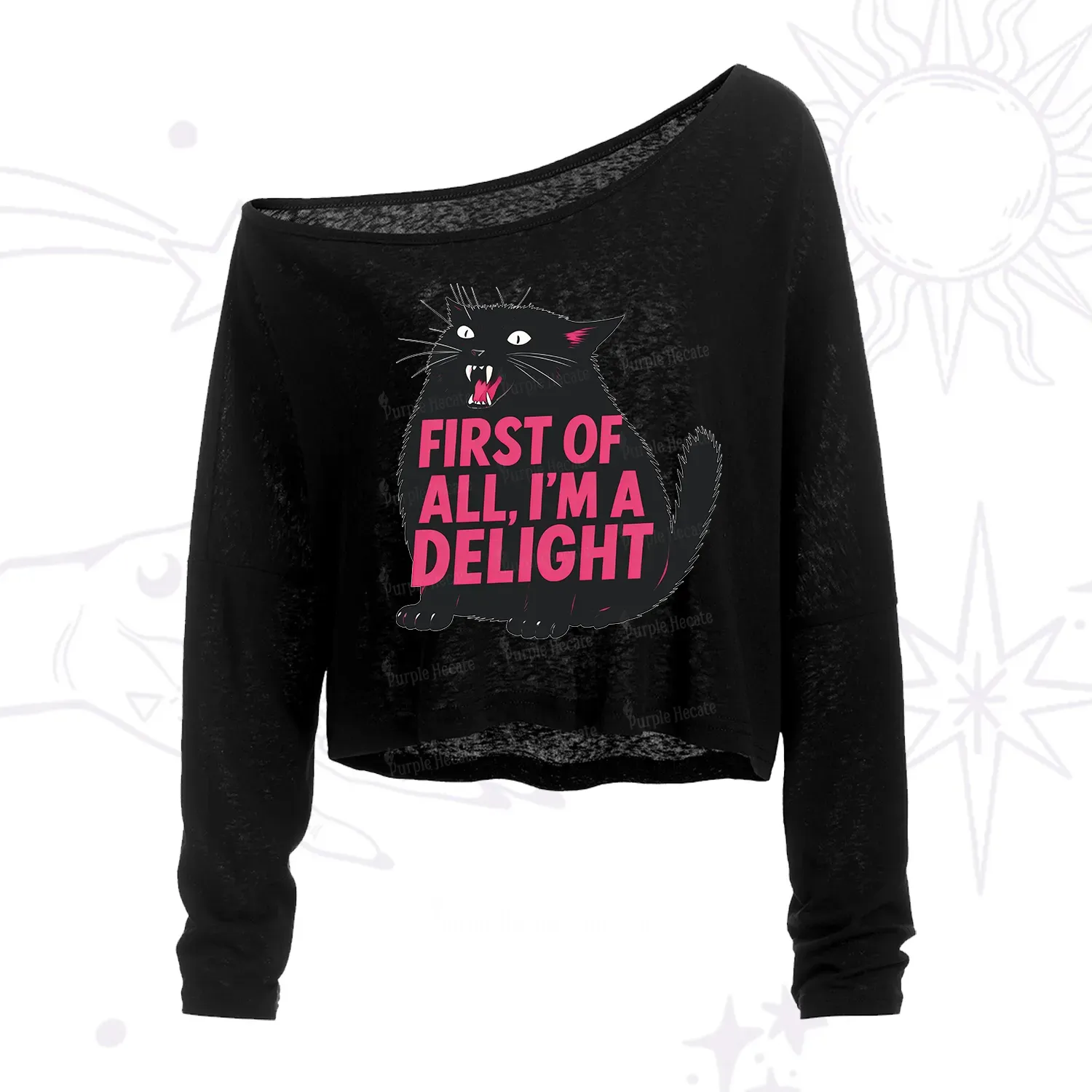 Purplehecate First Of All I'm A Delight Cat One Shoulder Crop Shirt