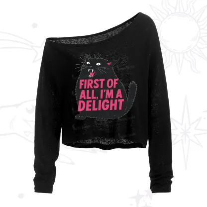 Purplehecate First Of All I'm A Delight Cat One Shoulder Crop Shirt