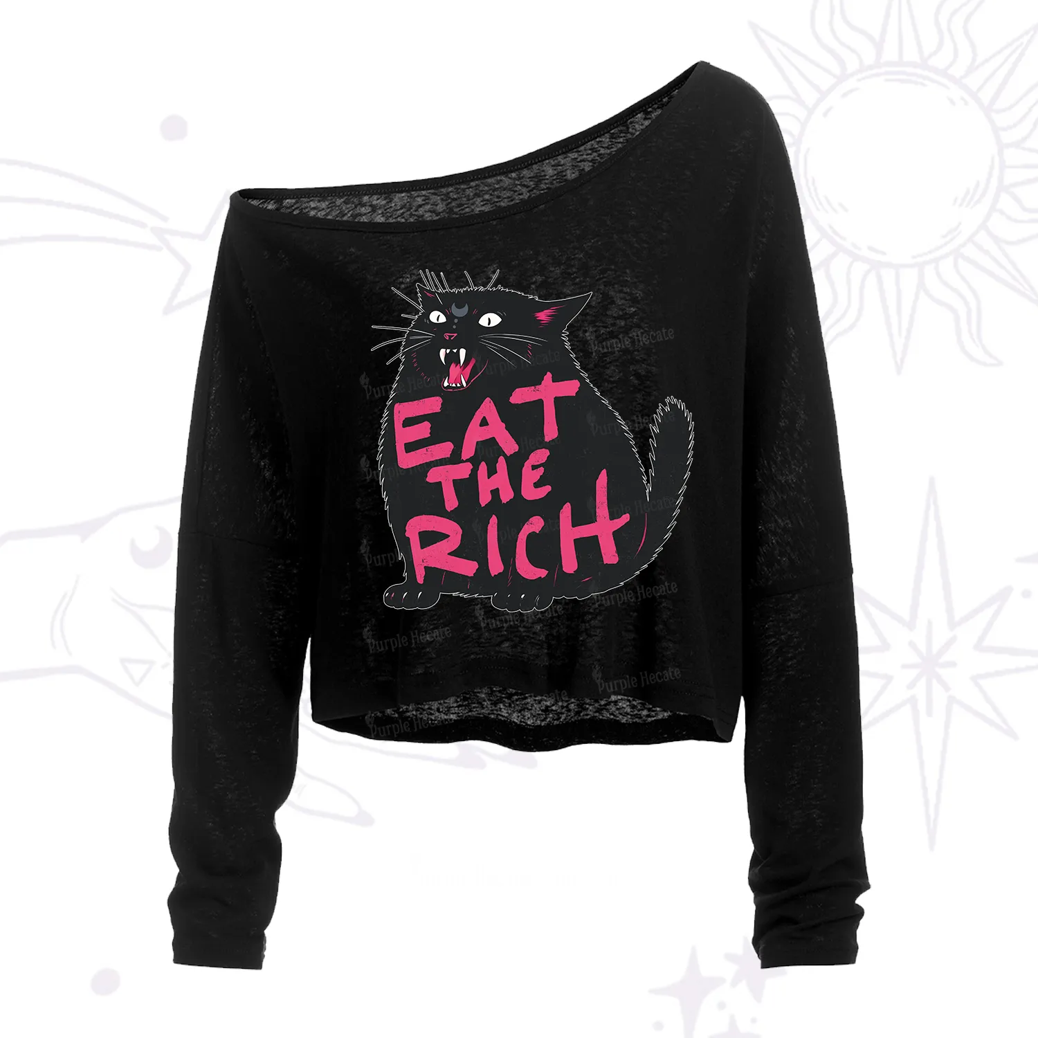 Purplehecate Eat The Rich Cat One Shoulder Crop Shirt
