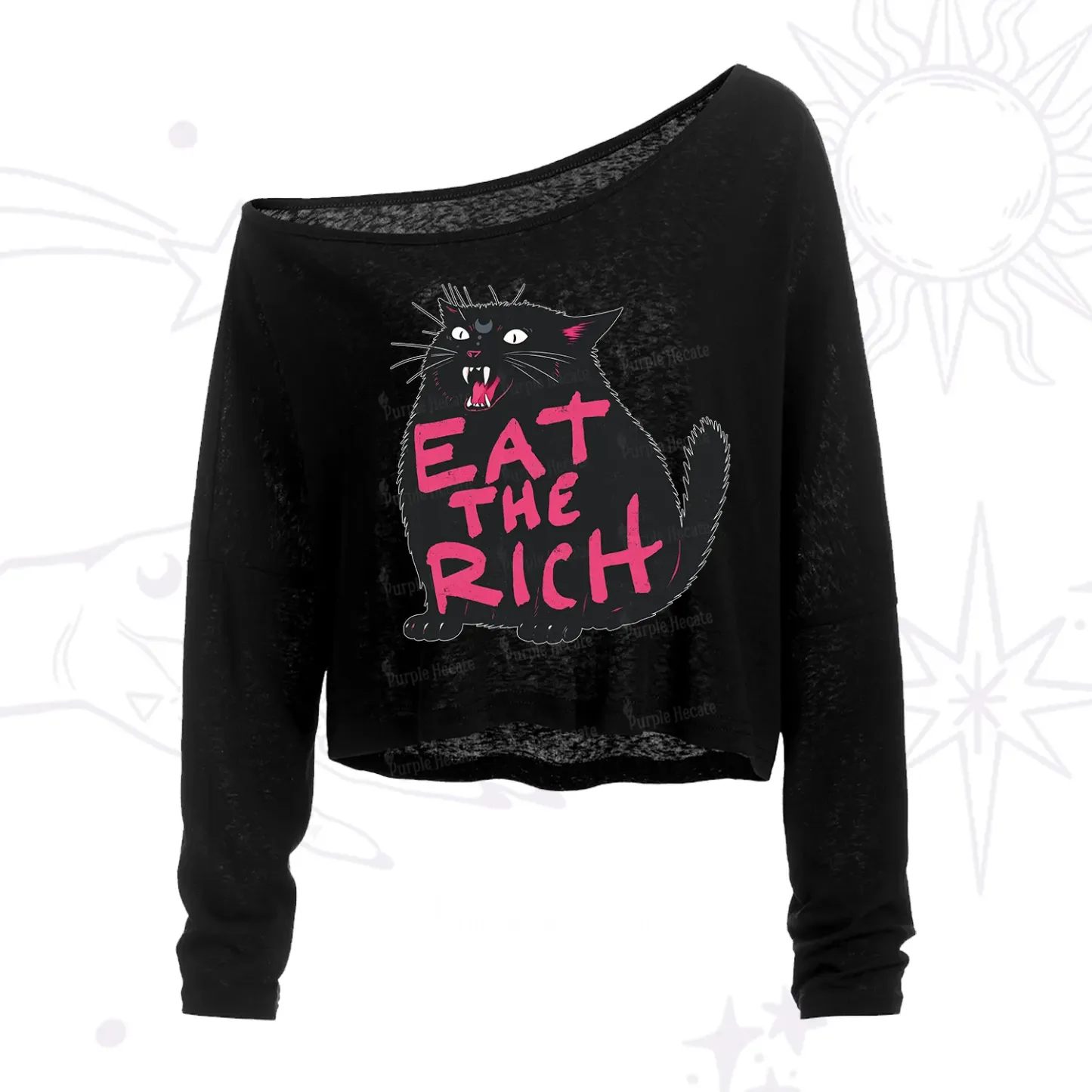 Purplehecate Eat The Rich Cat One Shoulder Crop Shirt