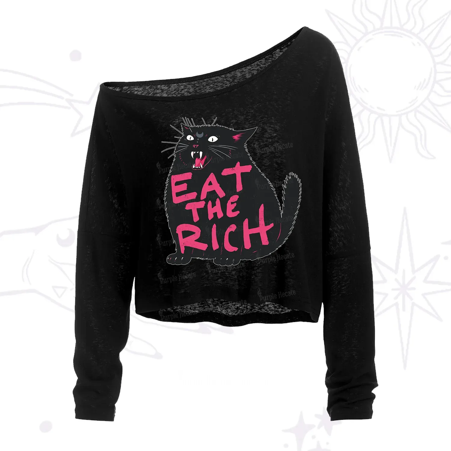 Purplehecate Eat The Rich Cat One Shoulder Crop Shirt