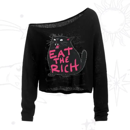 Purplehecate Eat The Rich Cat One Shoulder Crop Shirt