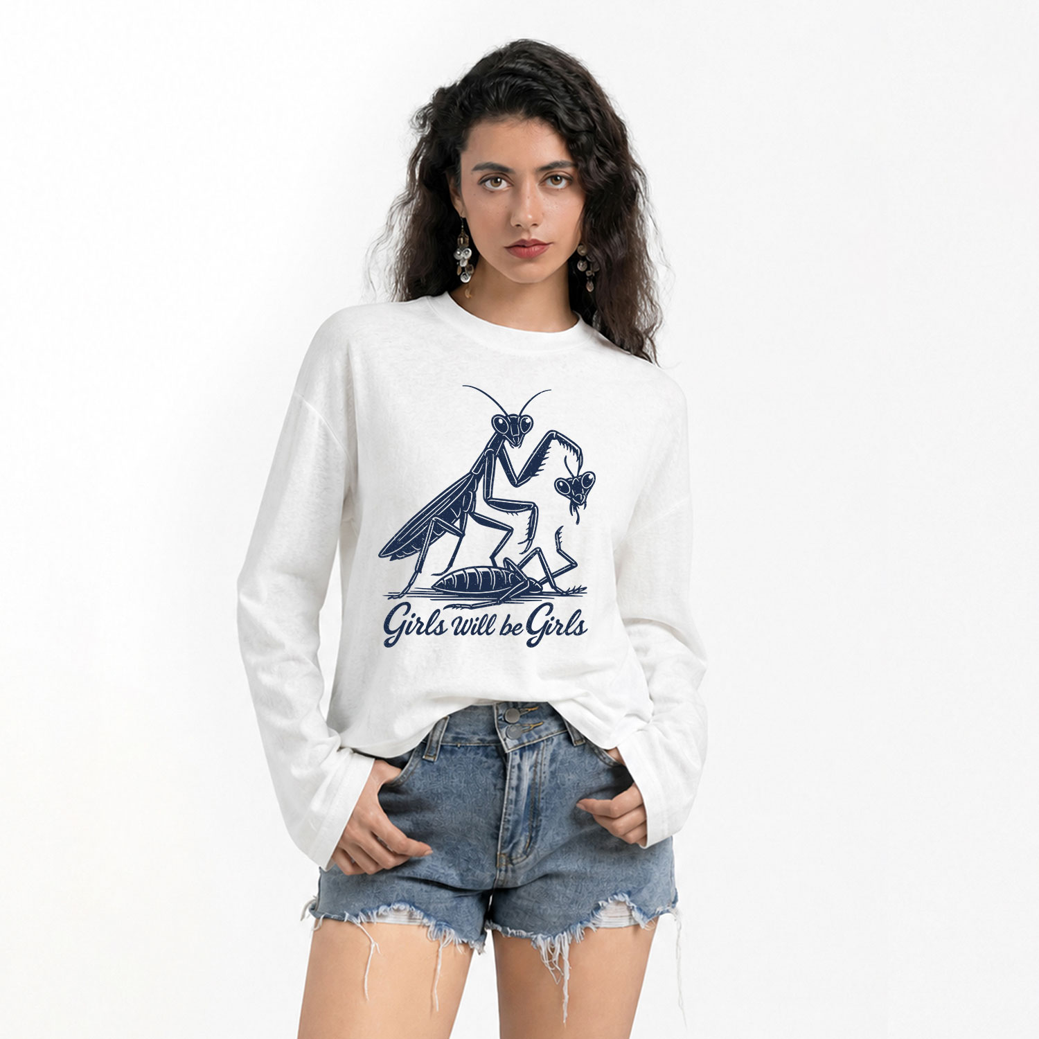 Purplehecate Girls Will Be Girls Praying Mantis Slub Long Sleeve T-Shirt