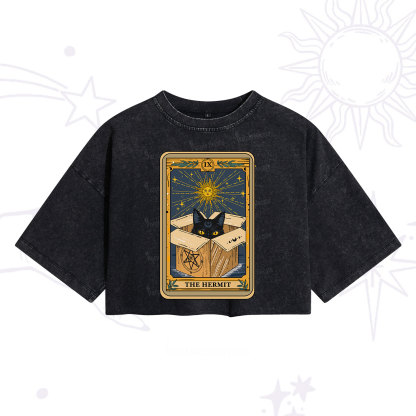 Purplehecate The Hermit Cat Tarot Card Washed Cropped T-Shirt