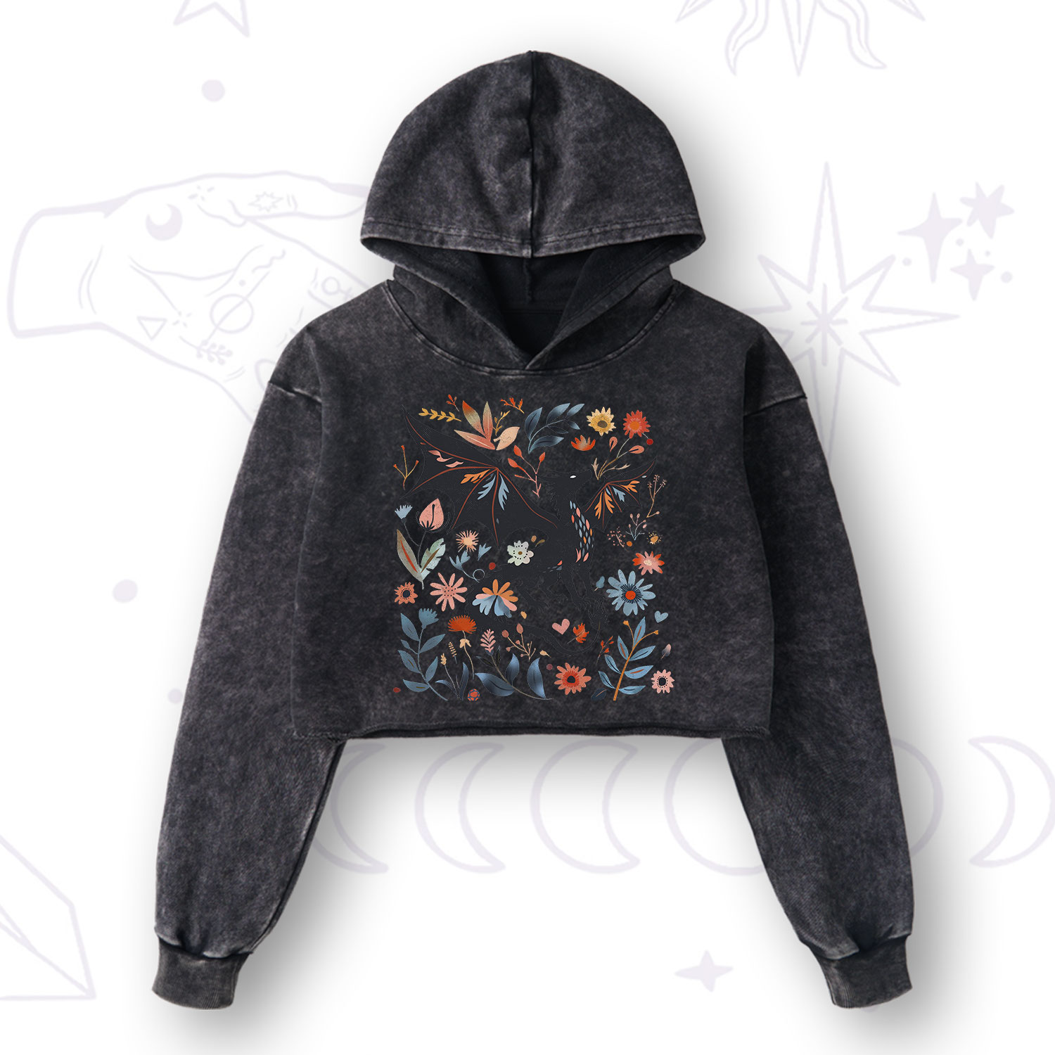 Purplehecate Vintage Fantasy Wyvern Bookish Washed Cropped Hoodie