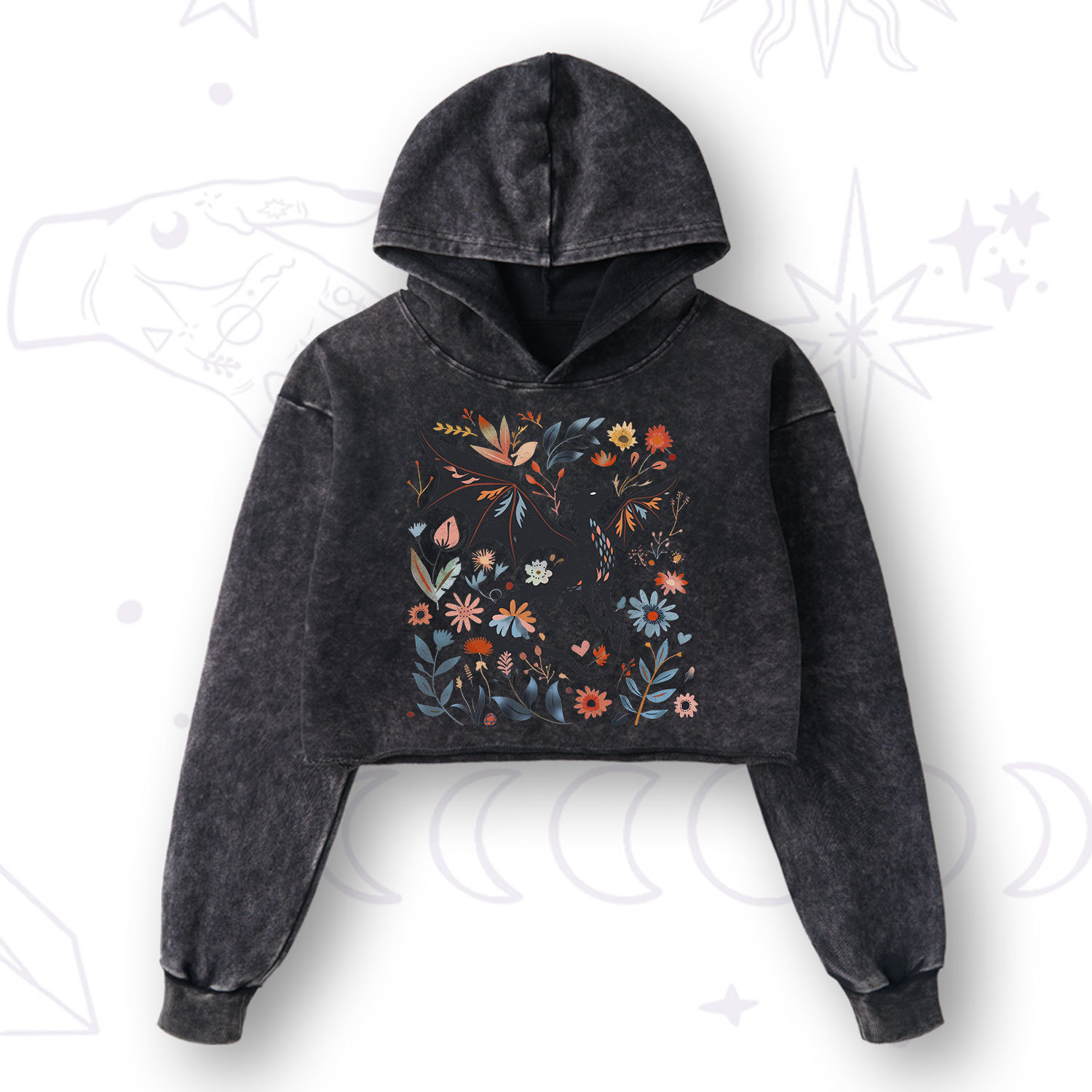 Purplehecate Vintage Fantasy Wyvern Bookish Washed Cropped Hoodie