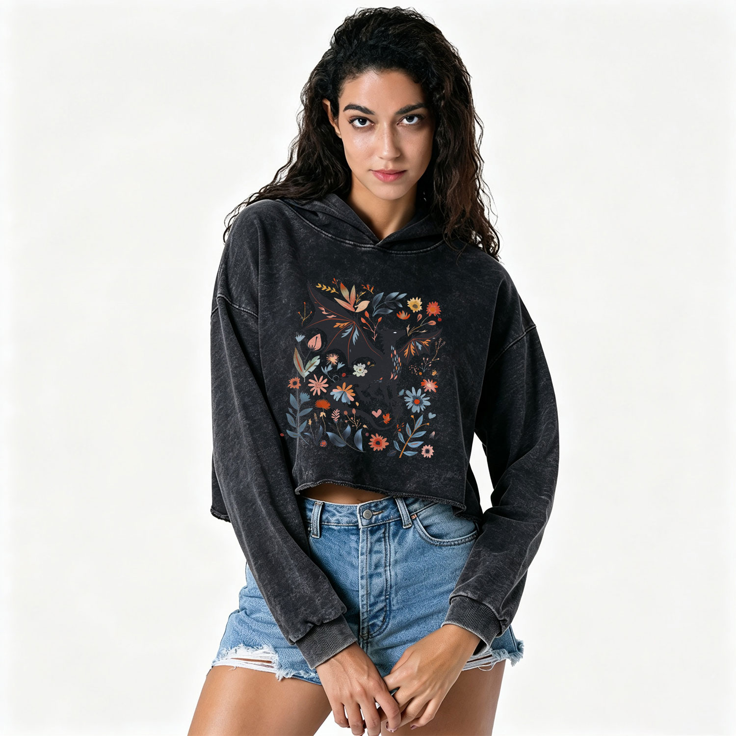 Purplehecate Vintage Fantasy Wyvern Bookish Washed Cropped Hoodie