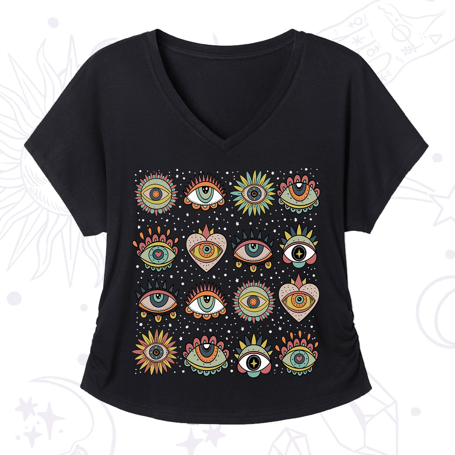 Purplehecate Mystical Evil Eye Pattern V-Neck T-Shirt