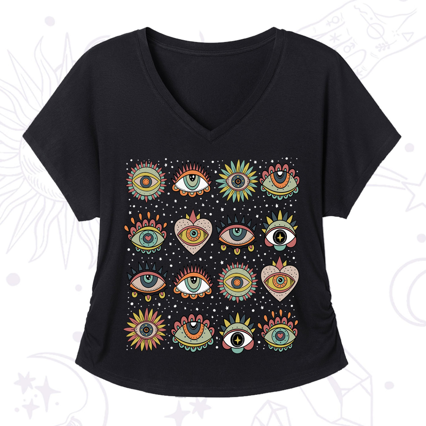 Purplehecate Mystical Evil Eye Pattern V-Neck T-Shirt