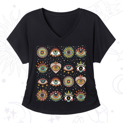 Purplehecate Mystical Evil Eye Pattern V-Neck T-Shirt
