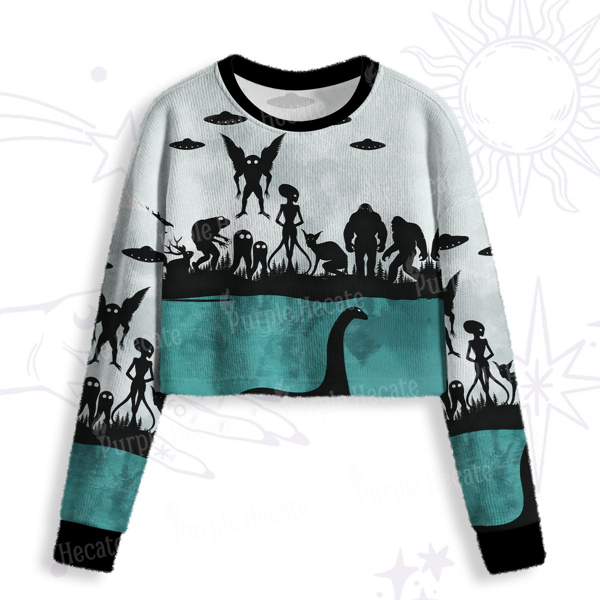 Purplehecate Alien Lake Monster Encounter Crop Fuzzy Ugly Sweatshirt
