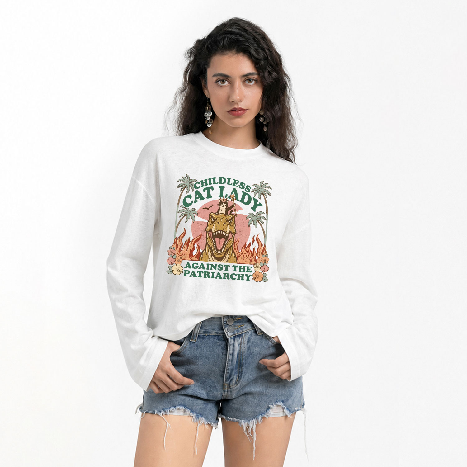 Purplehecate Childless Cat Lady Burn the Patriarchy Slub Long Sleeve T-Shirt