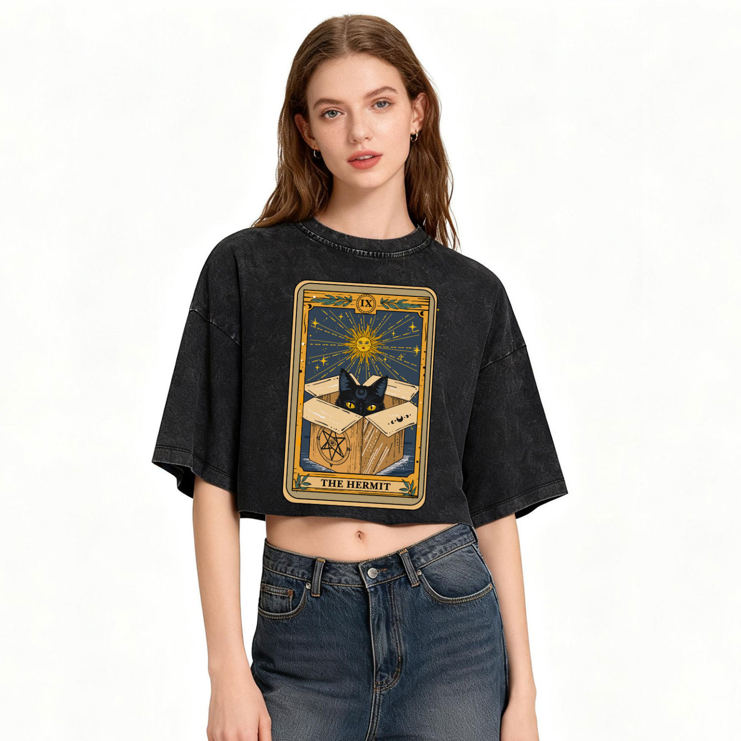 Purplehecate The Hermit Cat Tarot Card Washed Cropped T-Shirt