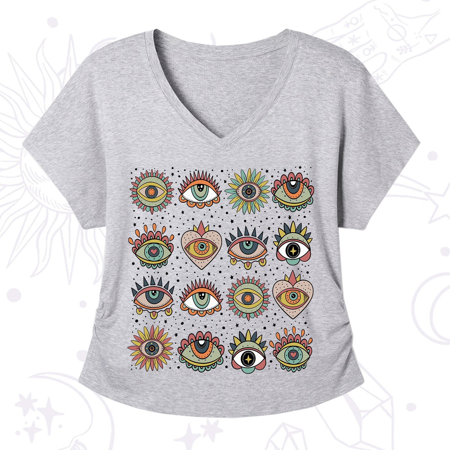 Purplehecate Mystical Evil Eye Pattern V-Neck T-Shirt