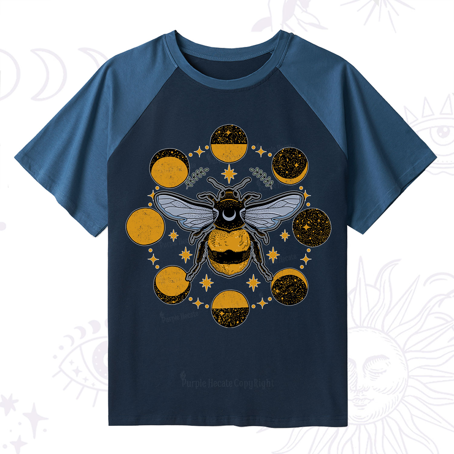 Purplehecate Phases of the Moon Bee Raglan Short Sleeve T‑Shirt
