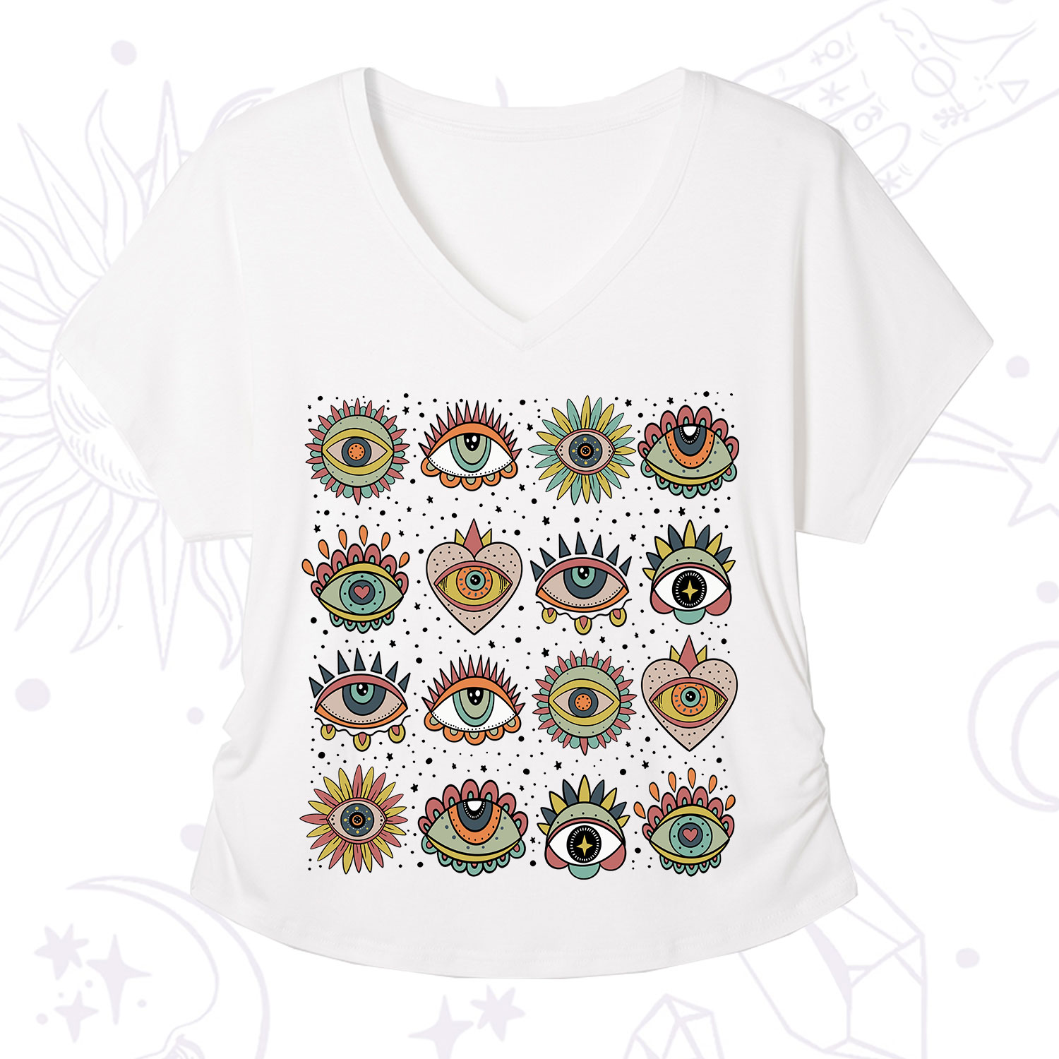 Purplehecate Mystical Evil Eye Pattern V-Neck T-Shirt