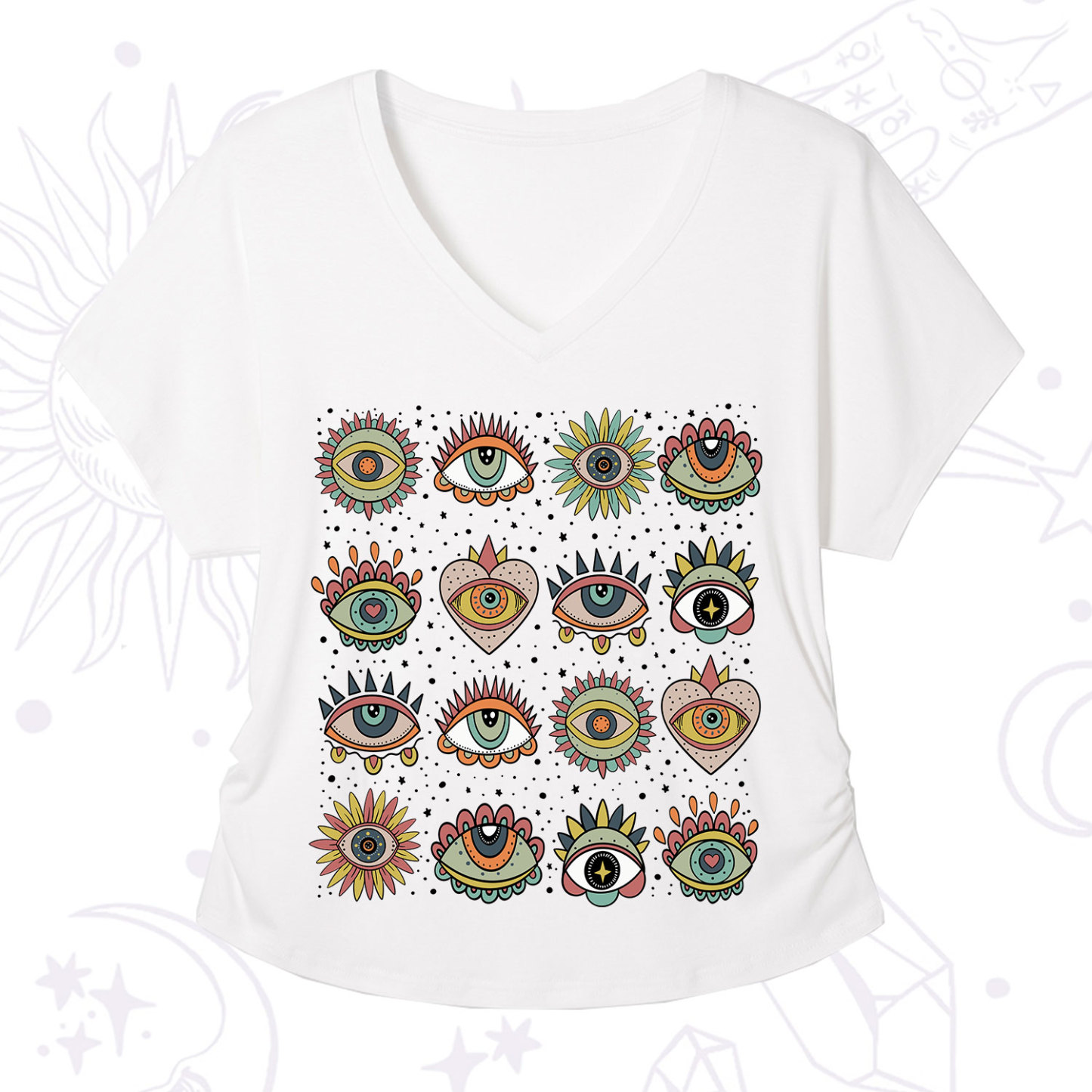 Purplehecate Mystical Evil Eye Pattern V-Neck T-Shirt