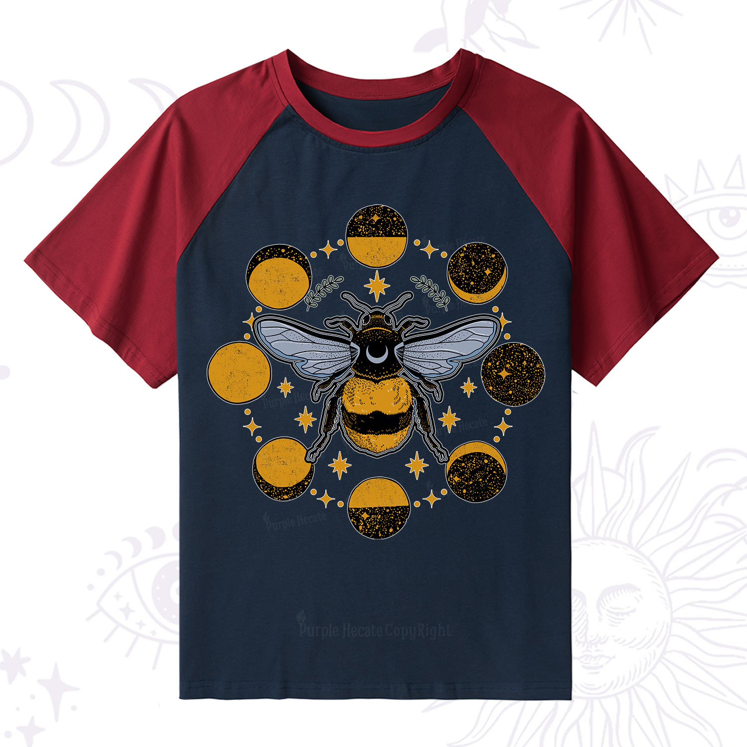 Purplehecate Phases of the Moon Bee Raglan Short Sleeve T‑Shirt