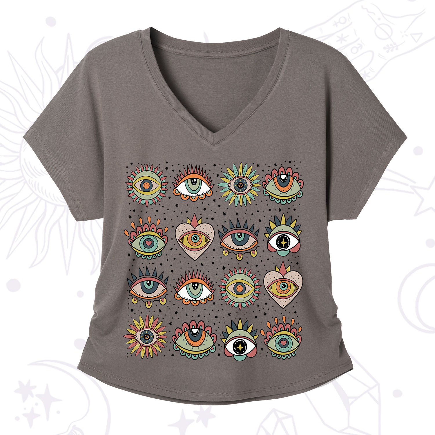 Purplehecate Mystical Evil Eye Pattern V-Neck T-Shirt