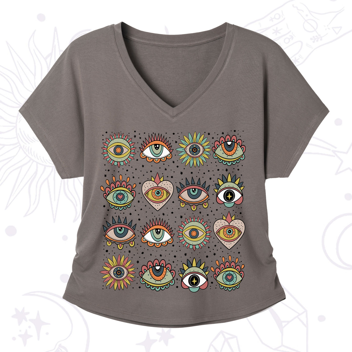 Purplehecate Mystical Evil Eye Pattern V-Neck T-Shirt